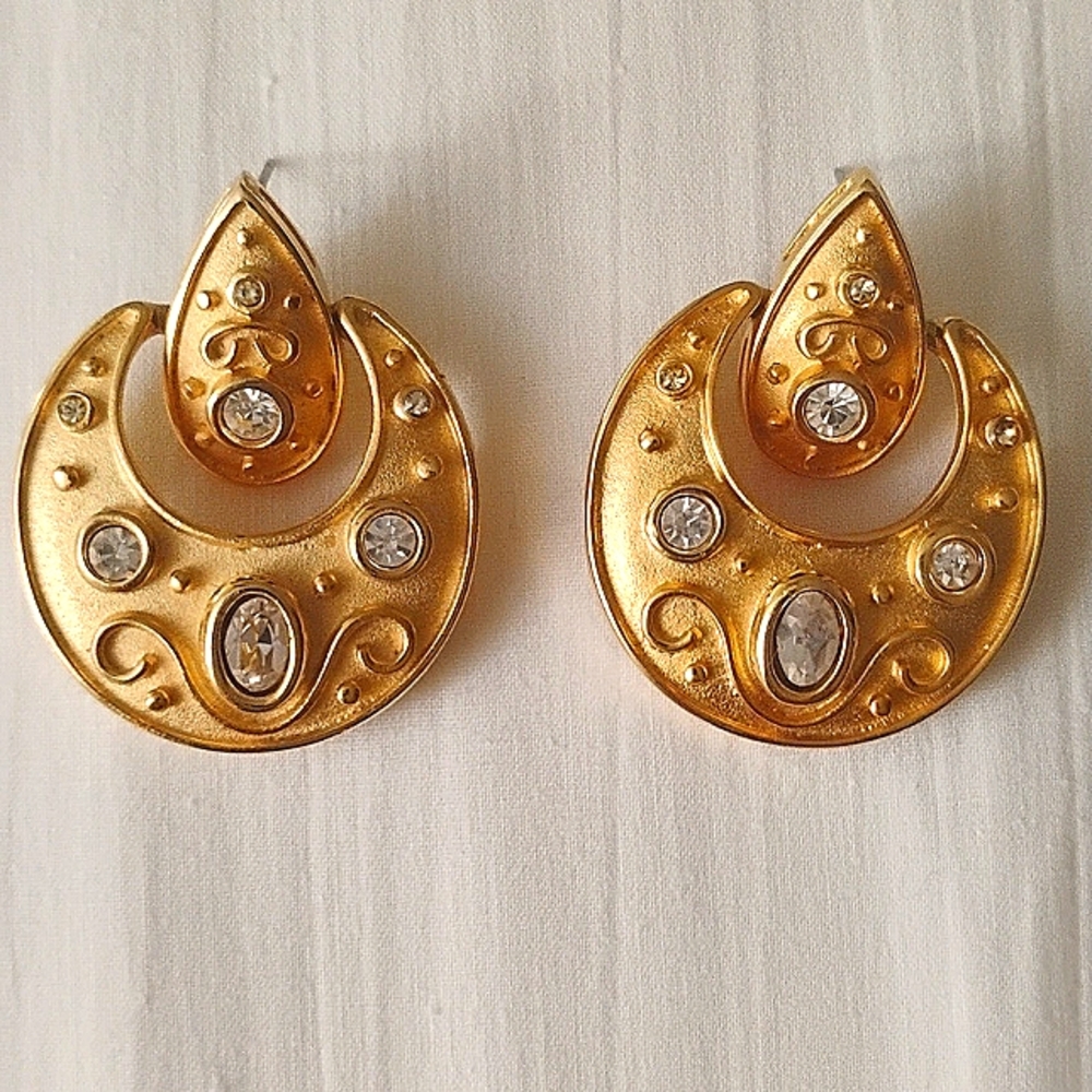 Etrusian Revival Pierced Earrings Doorknockers Matte Gold Crystals,Vintage '80s.